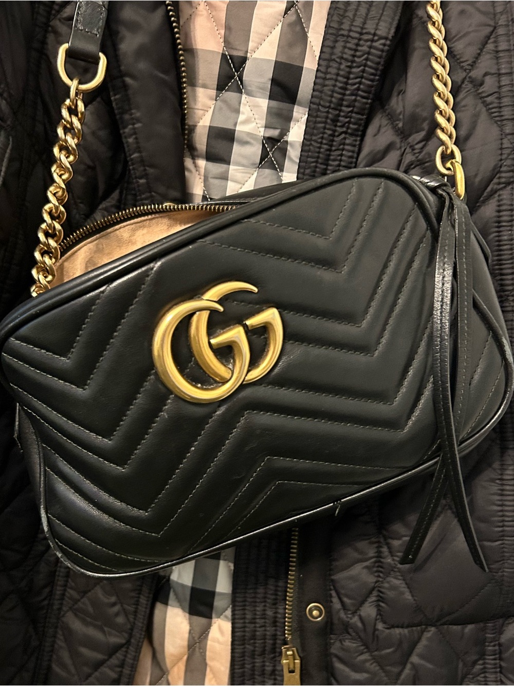 Gucci Black Quilted Leather Marmont Metalasse Small Camera Bag GG Authentic